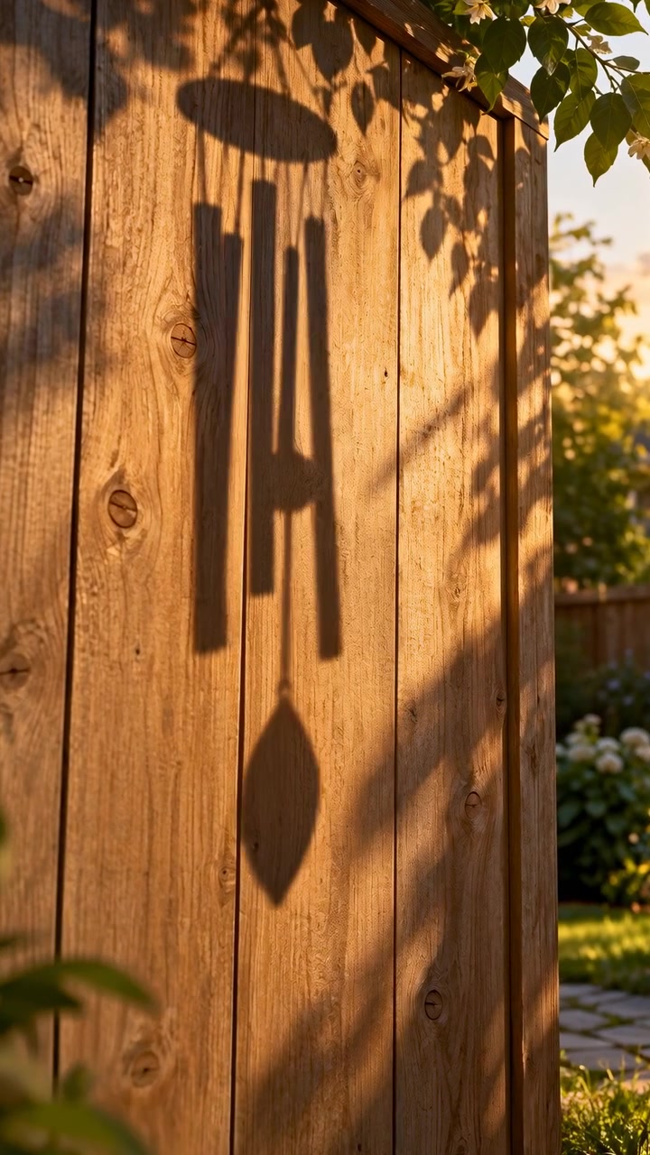 La silhouette di un carillon a vento in movimento cambia posizione su assi di legno testurizzate mentre le foglie vicine proiettano ombre morbide e mutevoli, creando una calma composizione da giardino esterno alla luce dorata del sole