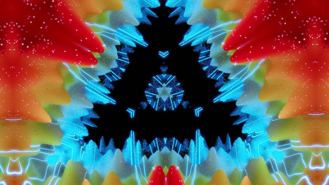 Strutture 3D astratte simmetriche con animazione in loop, sfumature multicolore fluide. Effetto caleidoscopio con onde frattali astratte. Bellissimo sfondo astratto con motivo 3D.