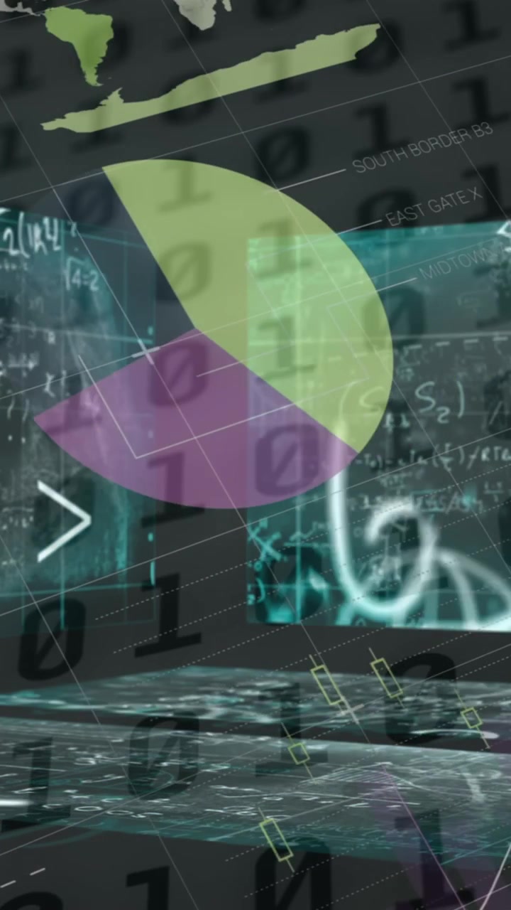 Animation of financial data processing and mathematical equations over black background
