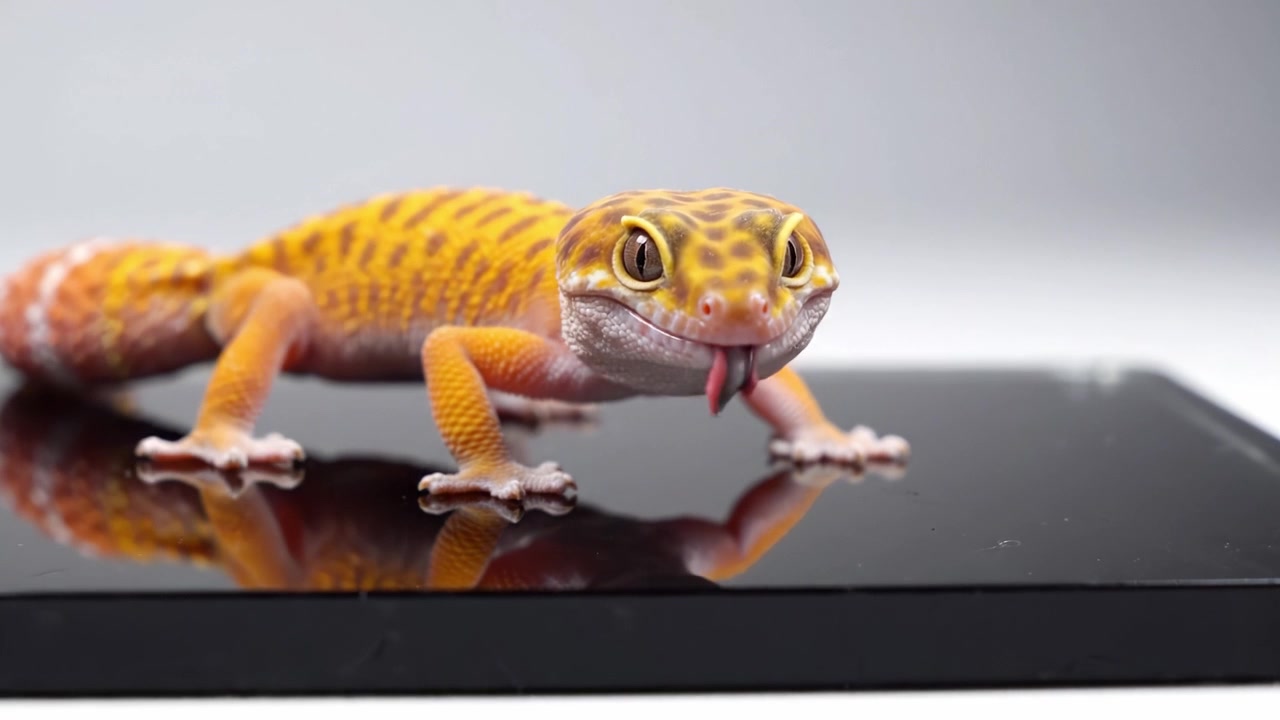 A Close-Up Exploration of a Vibrant, Colorful Leopard Gecko Showcasing Its Unique Patterns and Textures on a Reflective Surface