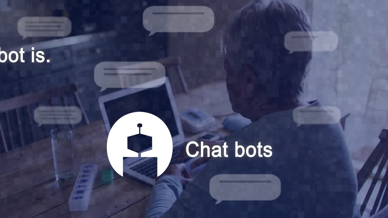 Ældre kvinde taster, indtaster en prompt, der spørger, hvad chatbotten gør, en tech-avatar vises over den bærbare computer.