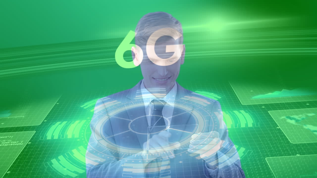 animación de texto 6g y pantallas con procesamiento de datos sobre el hombre utilizando pantalla virtual