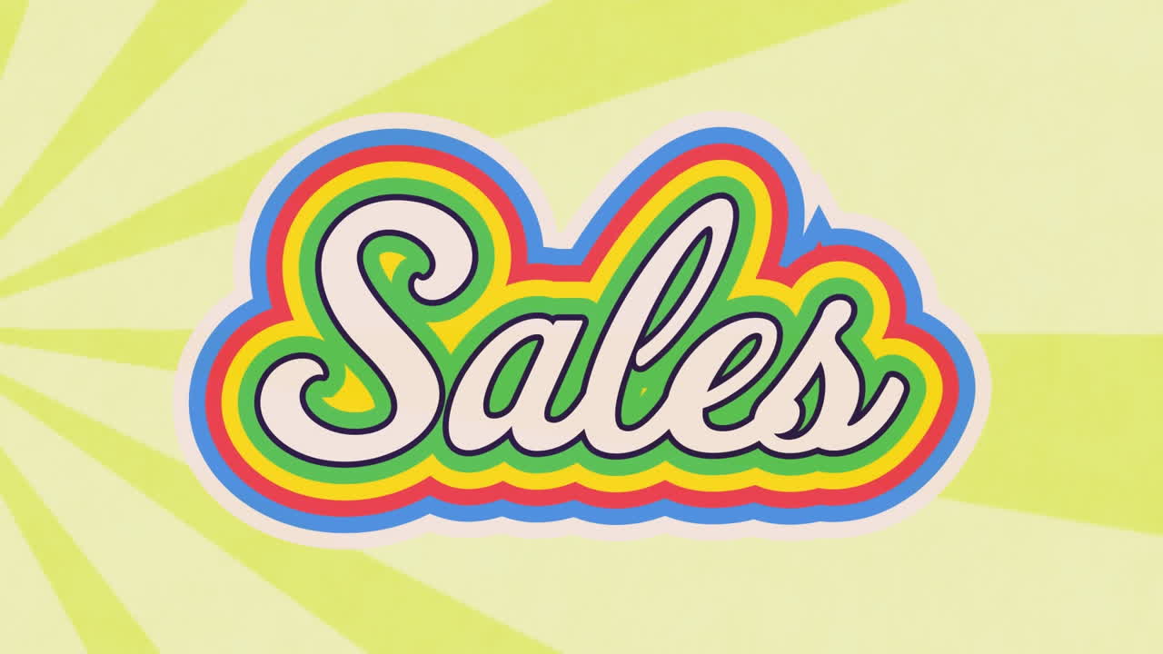 animación de un cartel de texto de ventas sobre rayos radiales en un patrón sin costuras sobre fondo amarillo