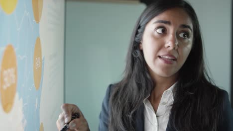 closeup portrait of latin businesswoman pointing with pen