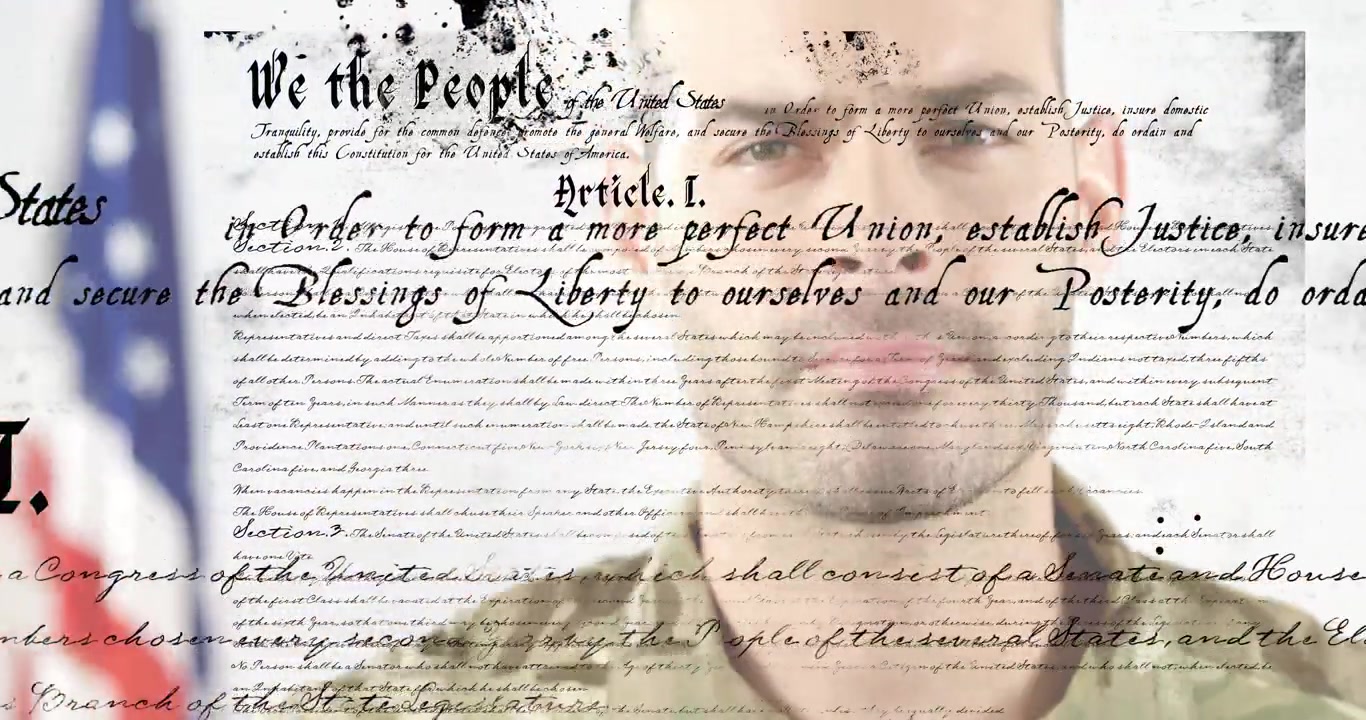 United States Constitution text over military personnel in camouflage uniform