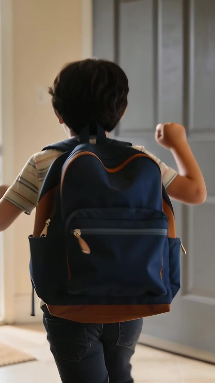 Vertical video: Pumping fists, boy walking through door carrying navy backpack, leaving for school