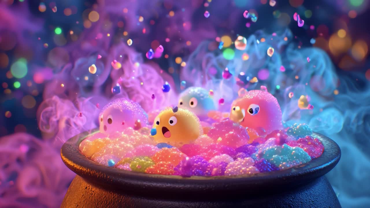A Colorful Cauldron Filled with Magical, Bubbly Creatures Surrounded by Enchanting Lights and Whimsical Smoke, Creating a Playful Fantasy Atmosphere
