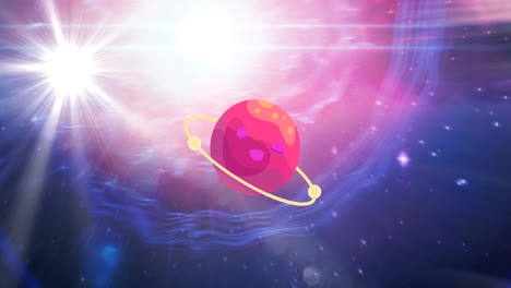 animación de saturno sobre manchas blancas brillantes y estrellas en rastros de luz rosada y púrpura en el universo