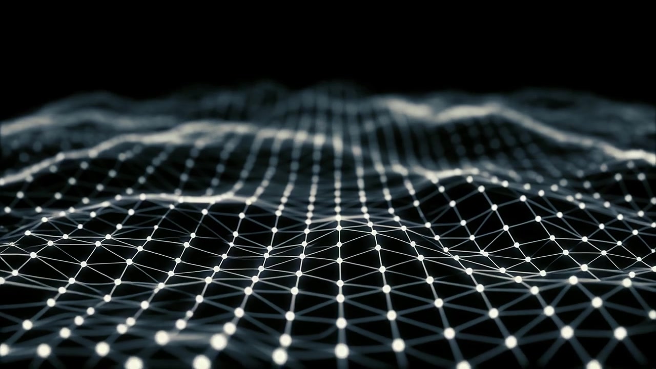 Abstract Digital Network Grid Undulating on Black Background