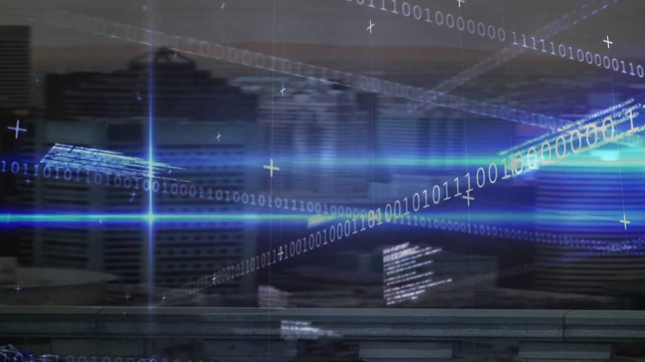 Binary code and digital data processing animation over urban cityscape