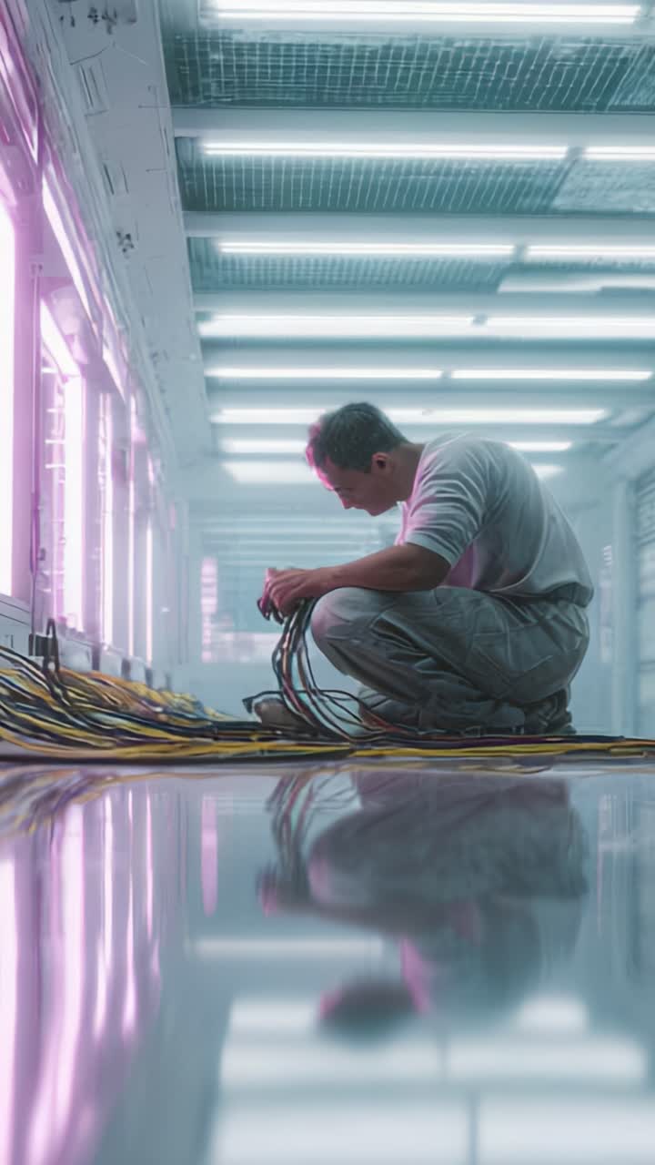 Un tecnico sistema meticolosamente i cavi in un laboratorio futuristico, circondato da apparecchiature high-tech e illuminazione vivace, mettendo in mostra precisione e attenzione.