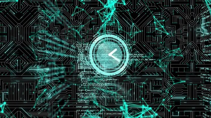 Animation of clock with network of connections over black background
