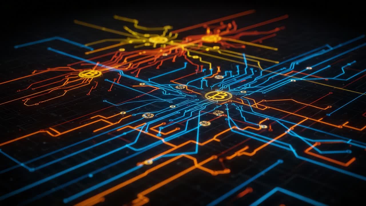 A Dynamic Visualization of Cryptocurrency Networks with Interconnected Blue and Red Lines Representing Data Flow and Bitcoin Symbols