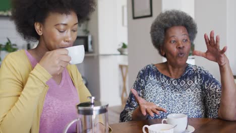 Happy-african-american-adult-daughter-and-senior-mother-drinking-coffee,-slow-motion