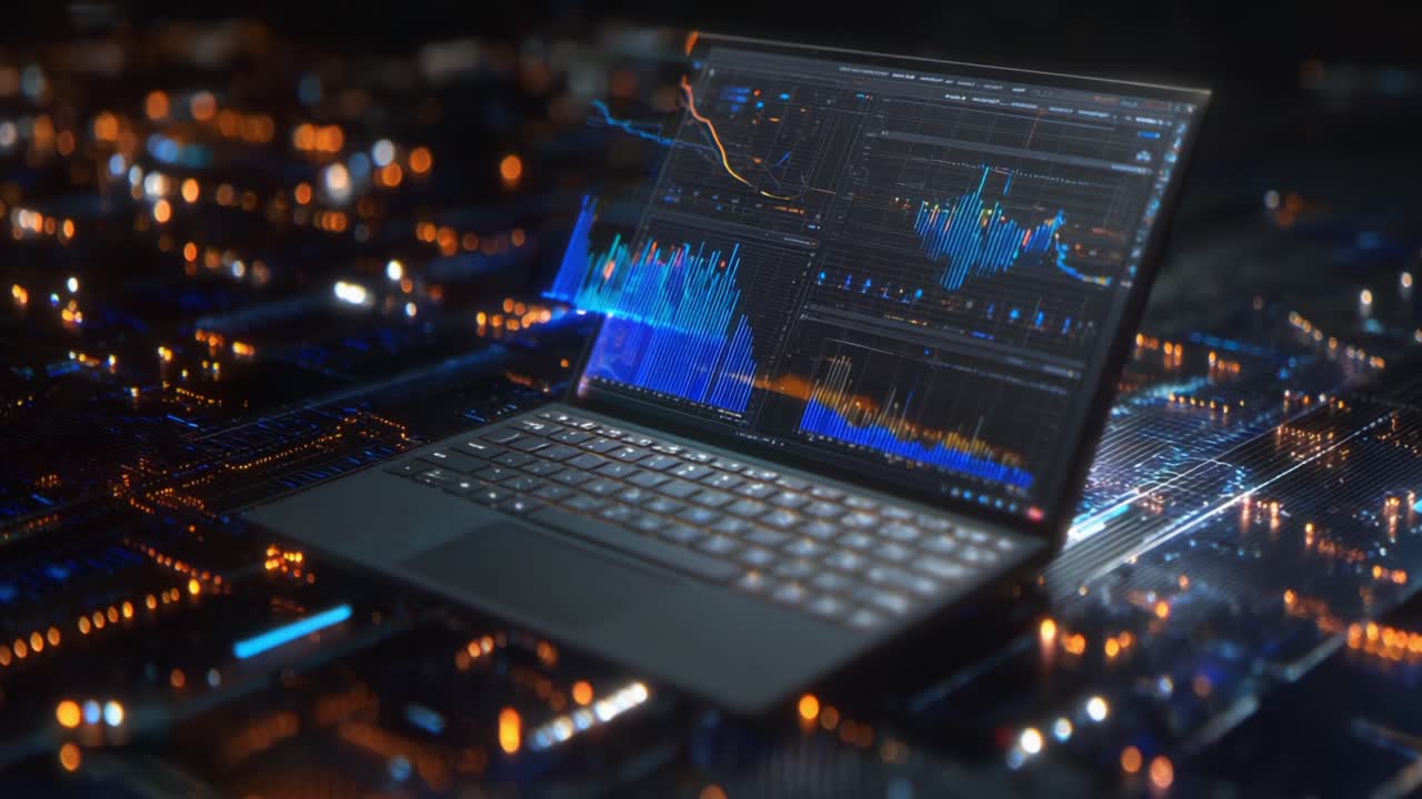 Visually Striking Laptop Displaying Intricate Data Visualizations Against a Background of Pulsating Circuitry, Highlighting the Intersection of Technology and Analytics