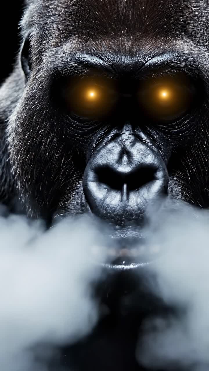 Primo piano drammatico di un gorilla con gli occhi luminosi, catturato in uno stile video cinematografico.