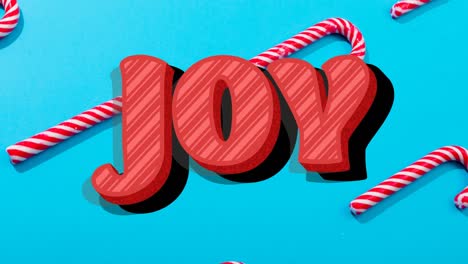 Animation-of-christmas-joy-text-over-christmas-candy-canes-on-blue-background
