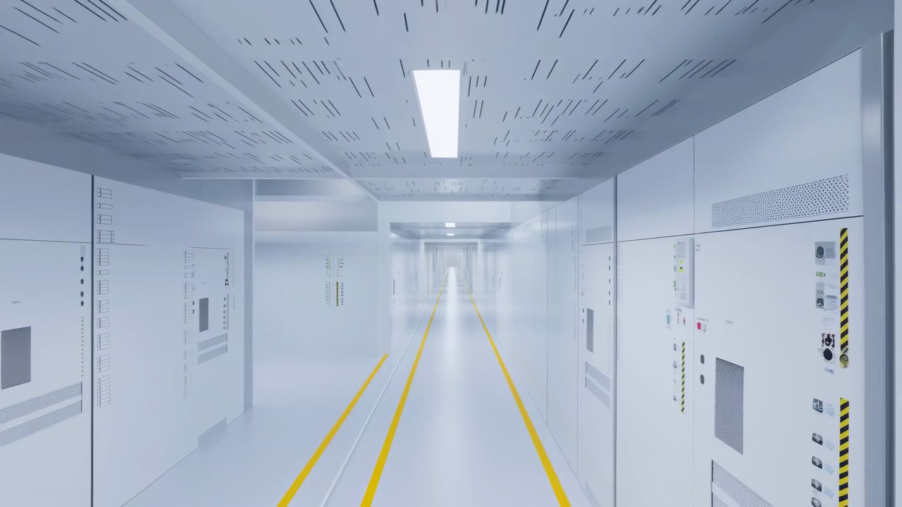 Vista a livello degli occhi lungo un corridoio di server sterile e lungo, con linee di sicurezza gialle parallele, pavimento chiaro e lucido, armadietti per apparecchiature simmetrici, illuminazione a incasso fredda e una profonda prospettiva geometrica.