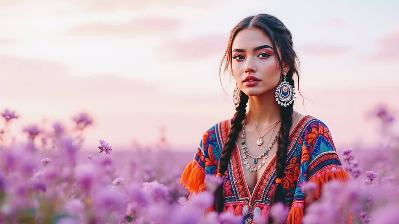 Boho Chic Woman in a Field of Flowers