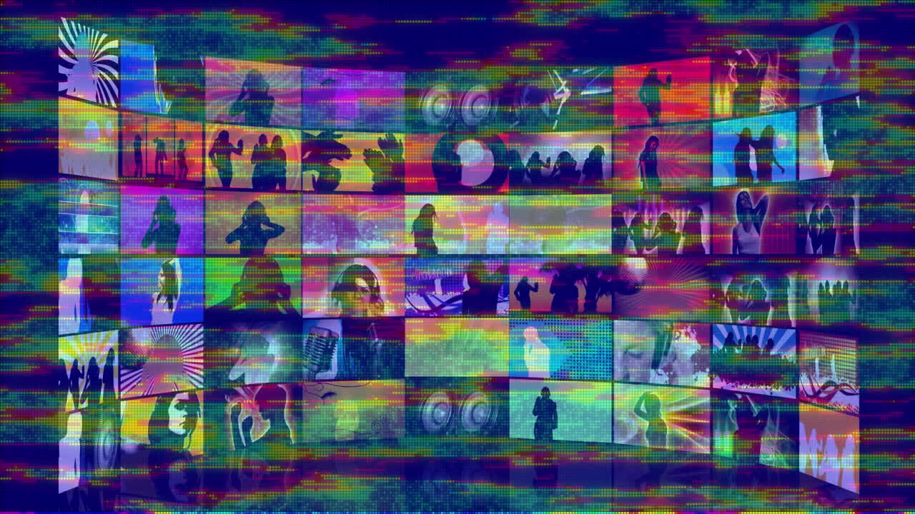 무 ⁇  없는 루프에서 줄무 ⁇ 로 춤추는 사람들의 실루 ⁇ 의 여러 화면의 애니메이션