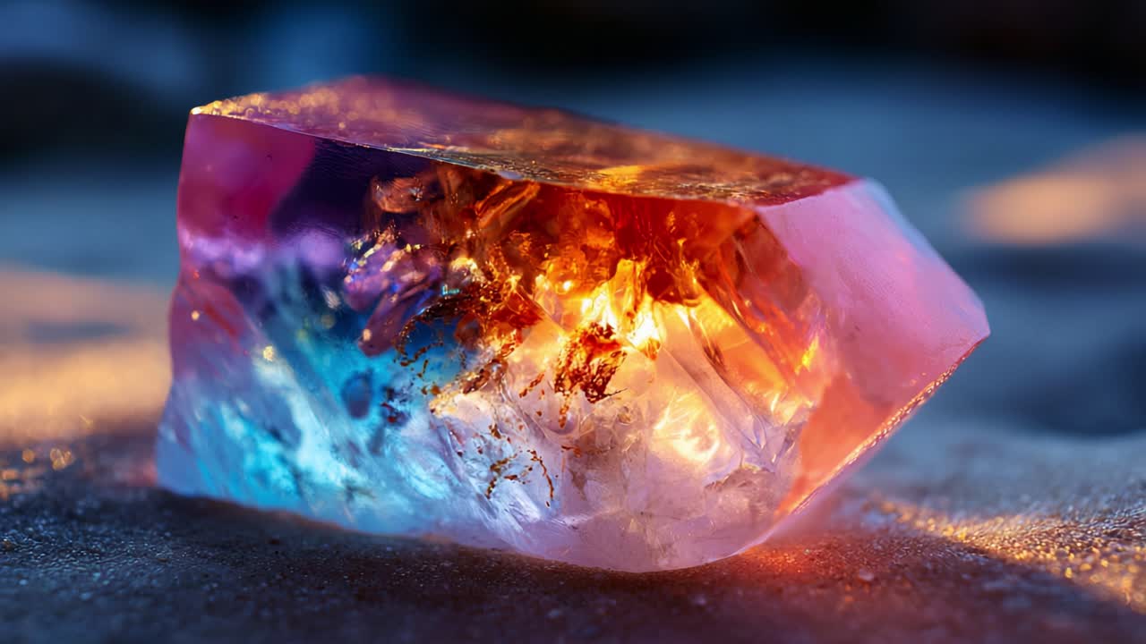 A captivating piece of crystal featuring a stunning display of colors including blue, purple, and gold, illuminated by light, resembling a natural gemstone with unique textures and formations