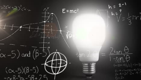 animation of lit light bulb and scientific formule data processing