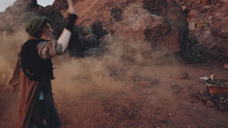 excited woman dancing with smoke bomb in post apocalyptic world