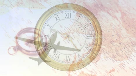 Animation-Der-Tickenden-Uhr-über-Flugzeug-Und-Karte