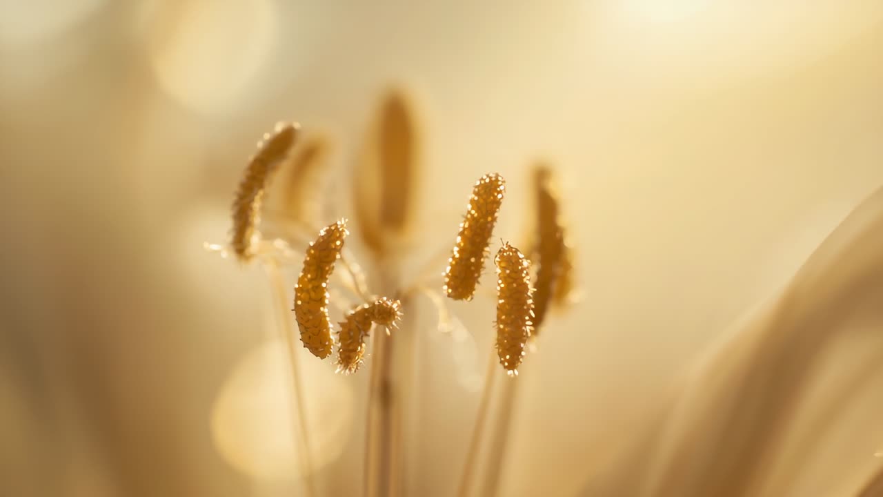Shifting focus, stamen cluster revealing fine pollen texture and anther detail in golden backlight
