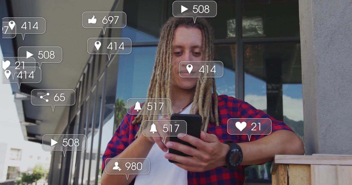 Man retrieving phone on balcony, scrolling social media and monitoring engagement icons appearing