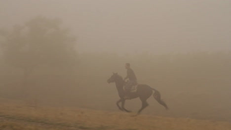 man riding horse in foggy terrain