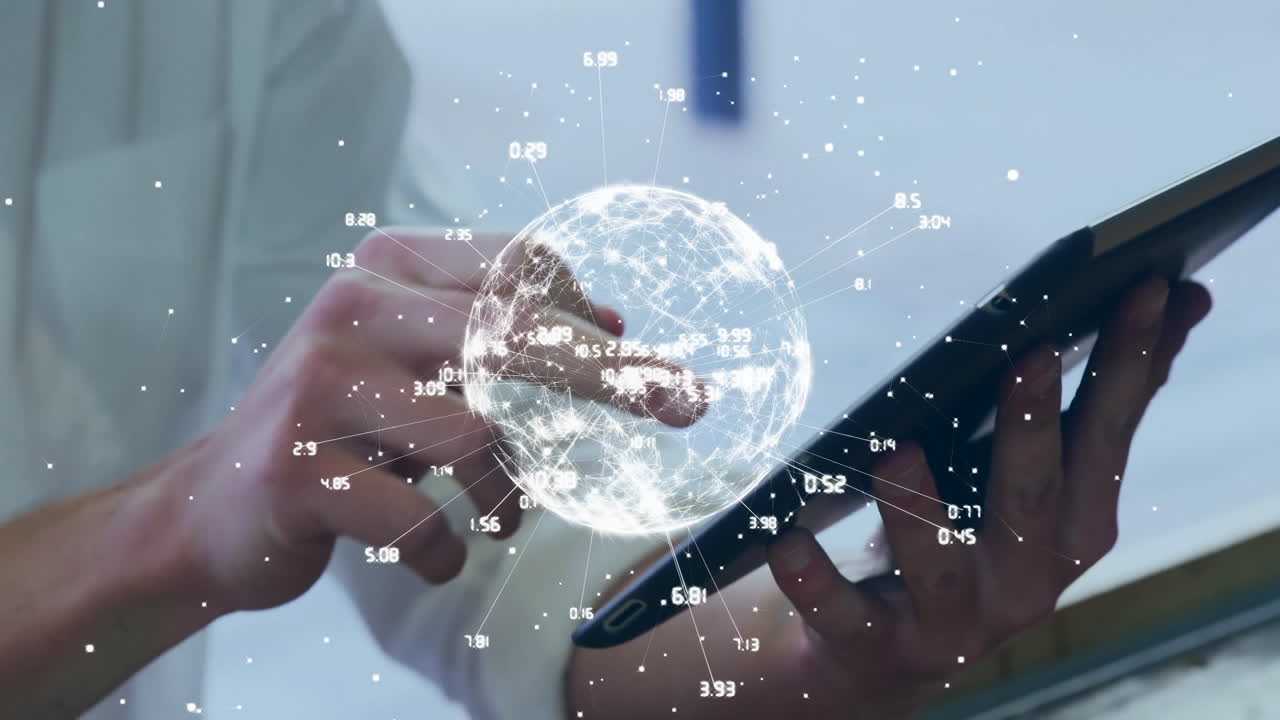 animación de la red de conexiones y el globo sobre el hombre caucásico usando tableta