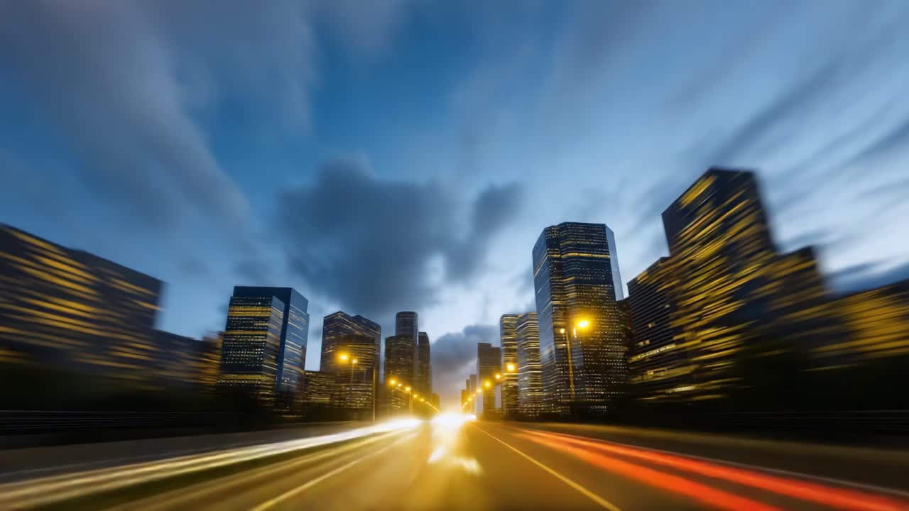Dynamic Cityscape: A Journey Through Time from Day to Night with Blurred Lights and Skyscrapers in a Fast-Moving Urban Environment