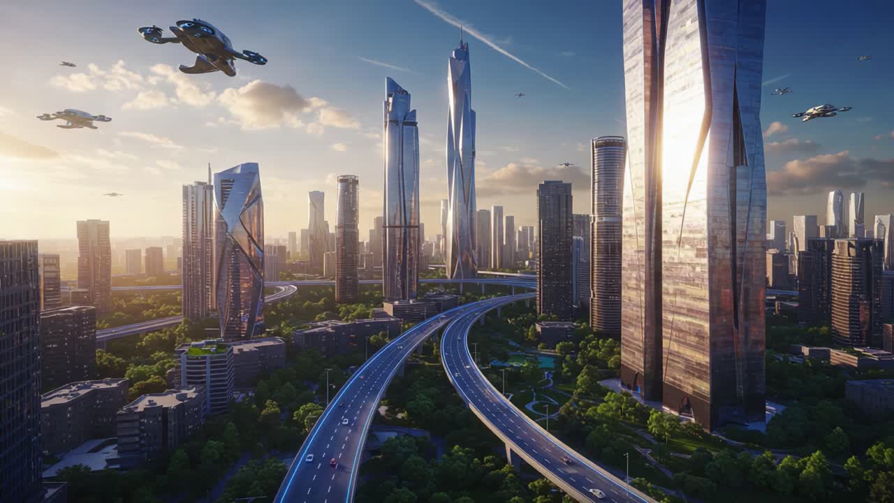 Un paisaje urbano futurista brillando bajo el atardecer, con imponentes rascacielos, tecnología avanzada y una intrincada red de autopistas elevadas y vehículos voladores.