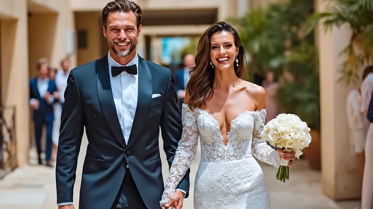 Una sposa e uno sposo che camminano per strada tenendosi per mano