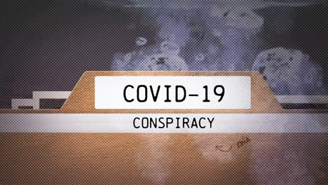 animación del texto de la conspiración de covid 19 sobre el paisaje urbano