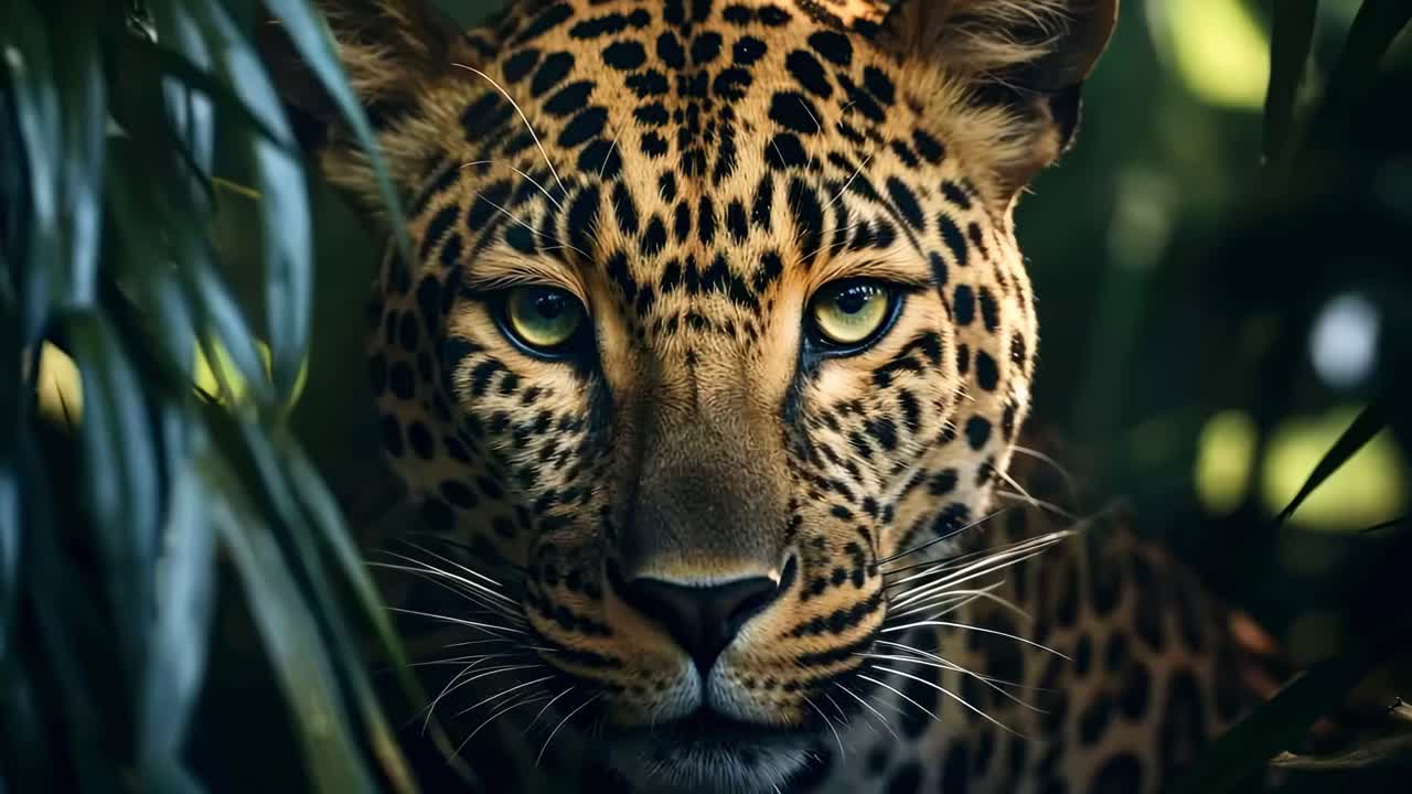 Close-up video shot of a leopard peering through lush green foliage, capturing its intense gaze