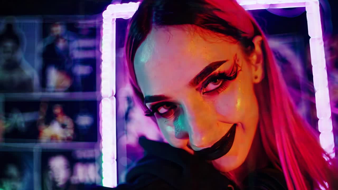 mujer elegante con cabello rosa en la iluminación de neón