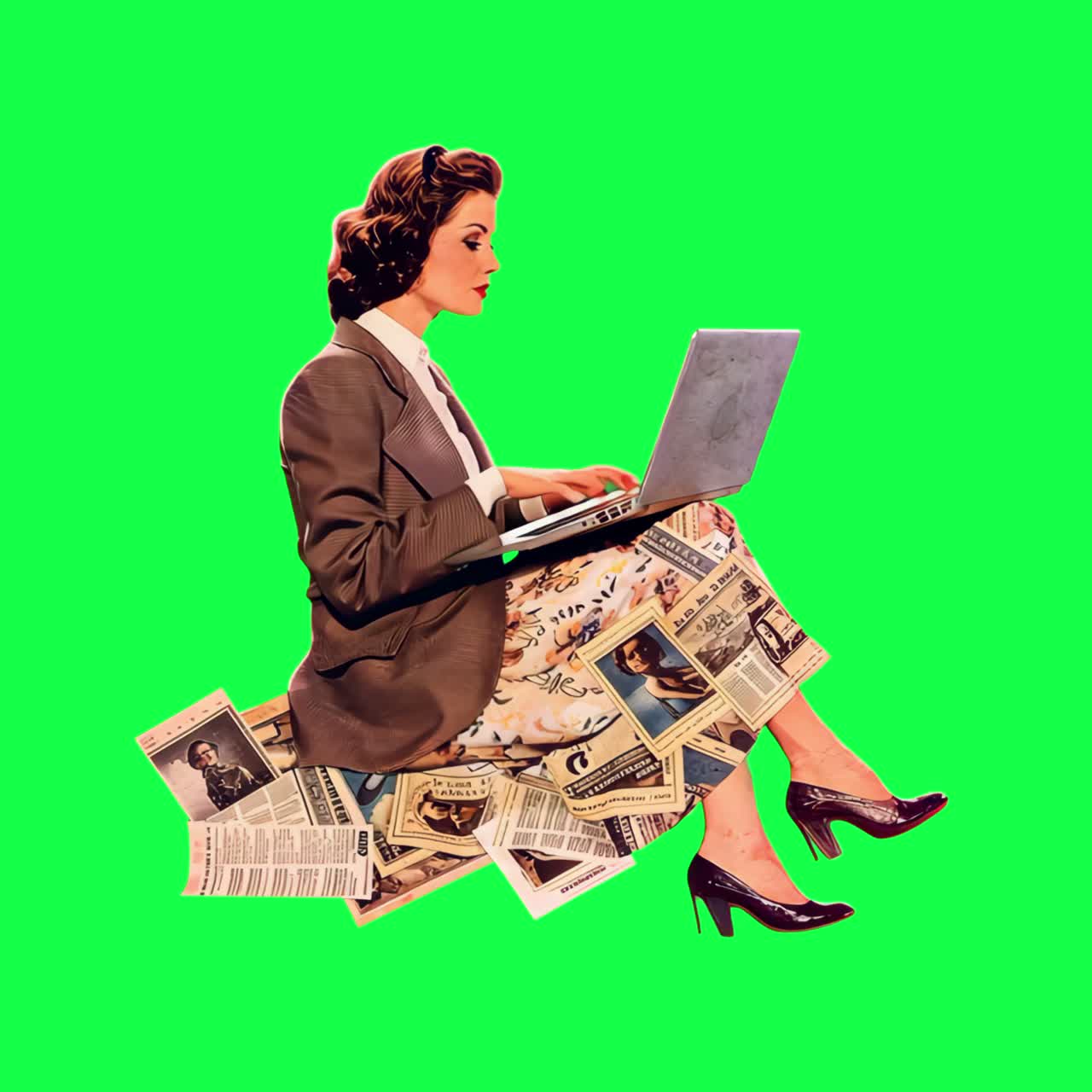 Vintage digital news collage animation, transparent 4K video, green screen
