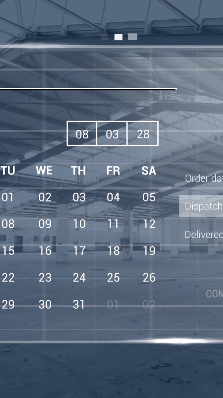 Animation of digital interface with icons and data processing over empty warehouse