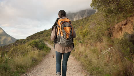 mujer, de vuelta y caminar para el senderismo