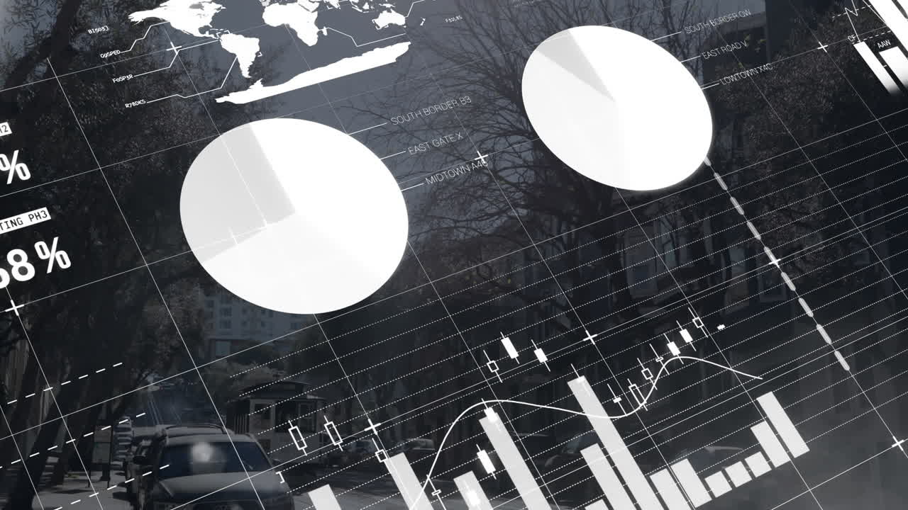 도시 풍경에 대한 통계 및 금융 데이터 처리의 애니메이션