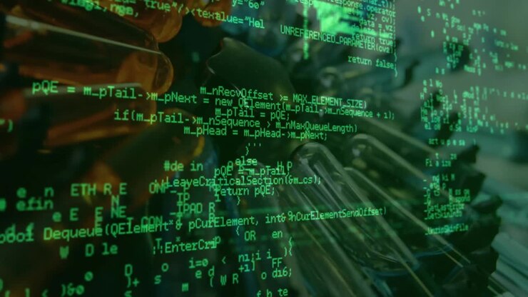 Opening dark view overlaying green code showing Python C++ fading into rotating brass vial carousel