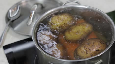 sartén hirviendo caliente con verduras patatas y zanahorias. cocinar en la cocina