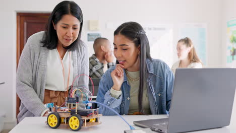 technology, car robotics and student on laptop