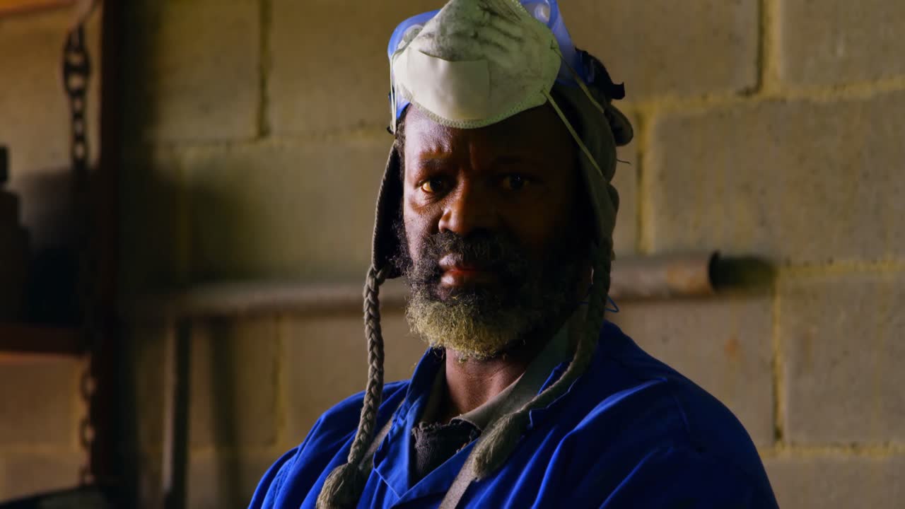 рабочий, стоящий с перекрещенными руками в литейной мастерской 4k