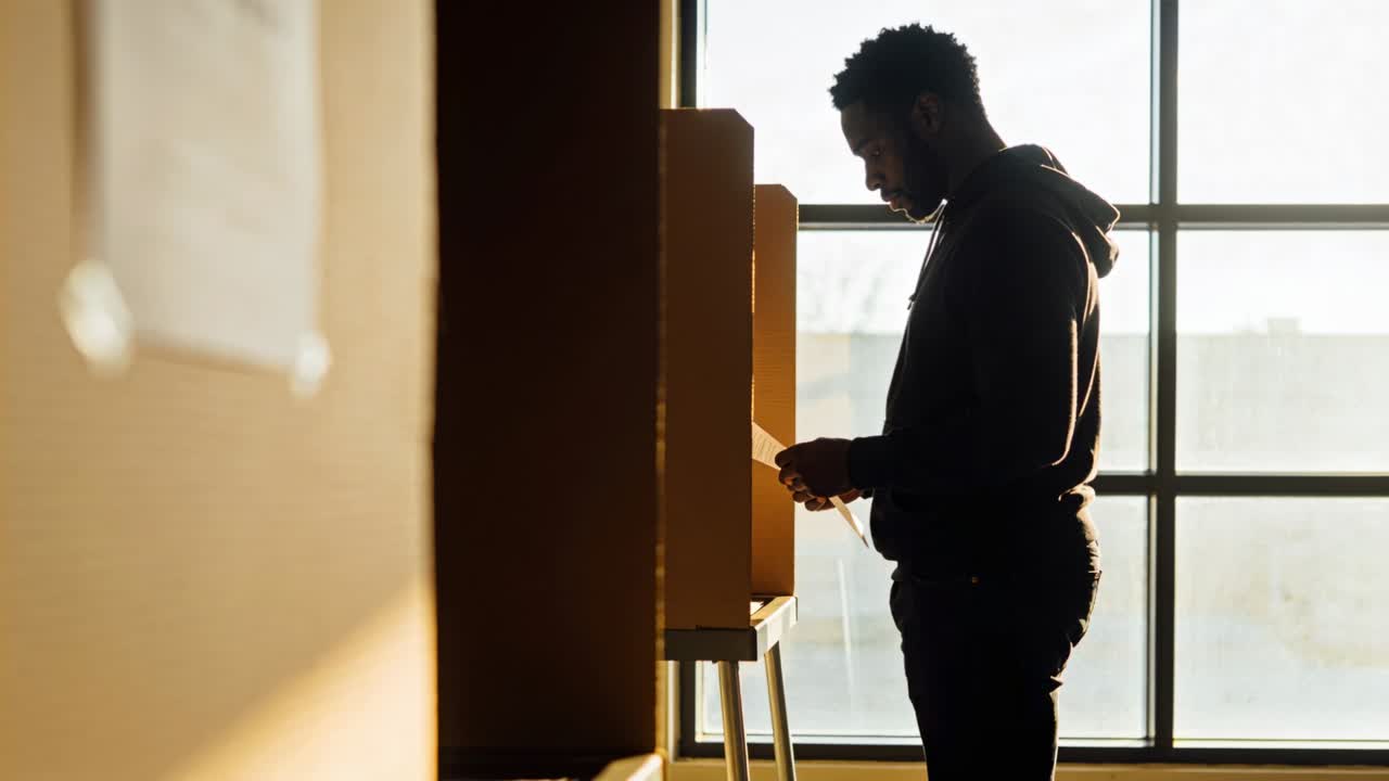 Reading man in dark hoodie and pants inspecting paper, filling form at cardboard booth with window