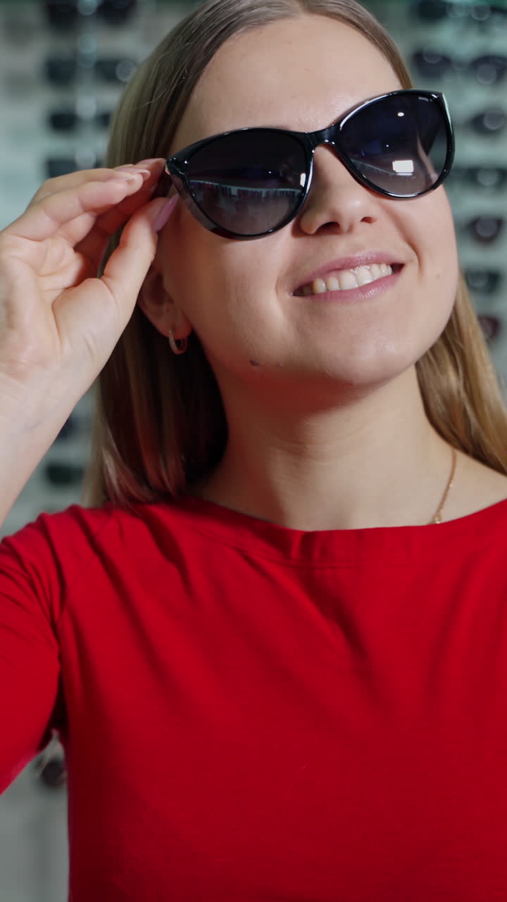 Pretty girl buying new sunglasses. Beautiful smiling young woman tries on stylish glasses and admires herself in the optical store. Summer look. Vertical video