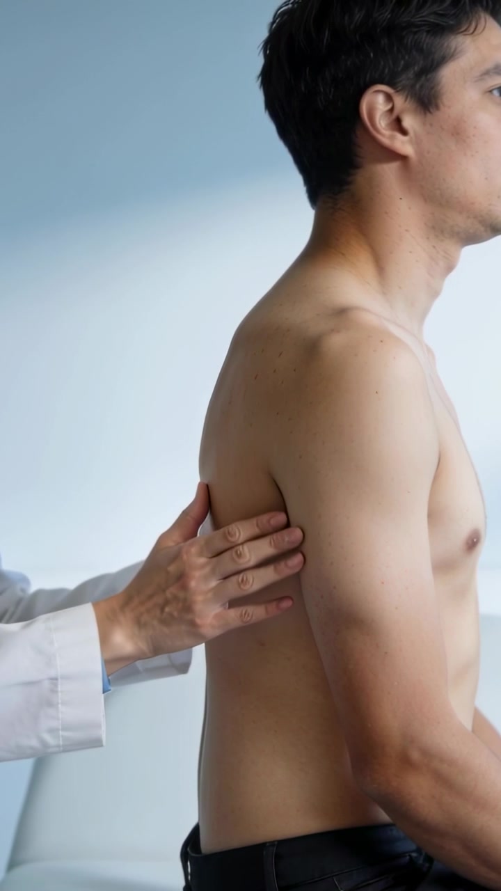 Vertical video: Leaning clinician palpating shirtless patient at clinic for back exam, lab coat