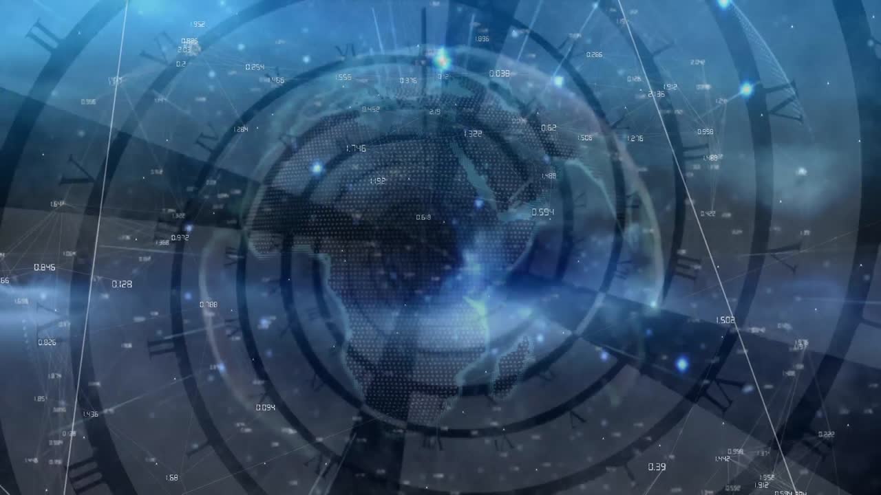 Animation of networks of connections and globe over clock moving fast